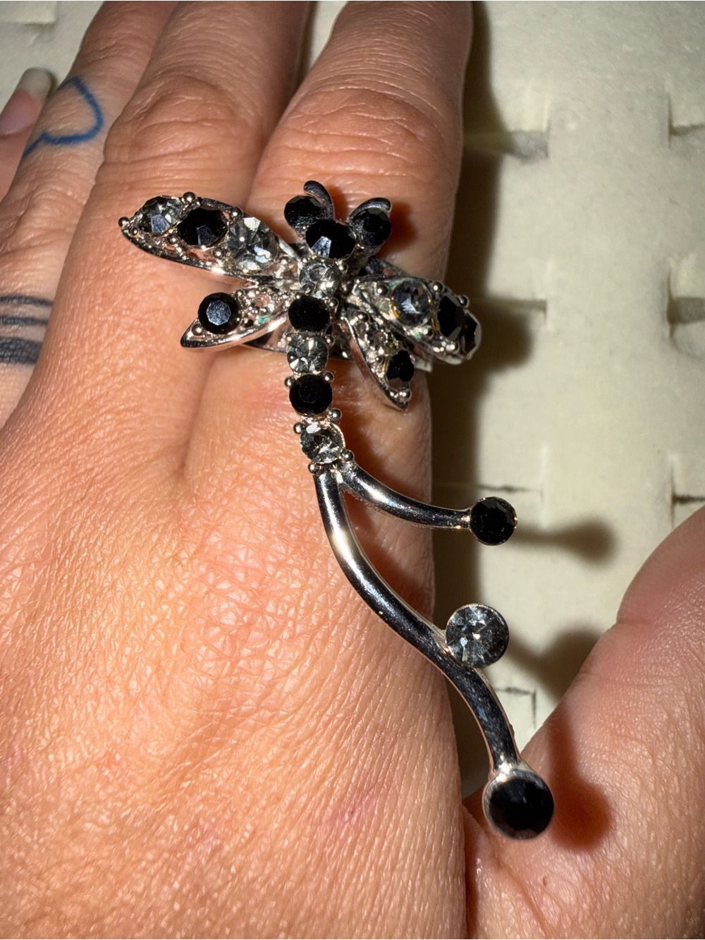 Silver-tone Dragonfly Cocktail Ring with Black and Clear Stones